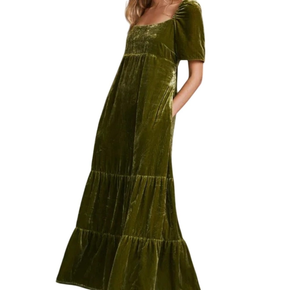 Anthropologie Velvet Puff Sleeve Empire Waist Midi Dress Moss Green Size 4 US
